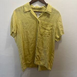 Liz Claiborne Womens Top Large Yellow Linen Blend Button Up Short Sleeve Beachy
